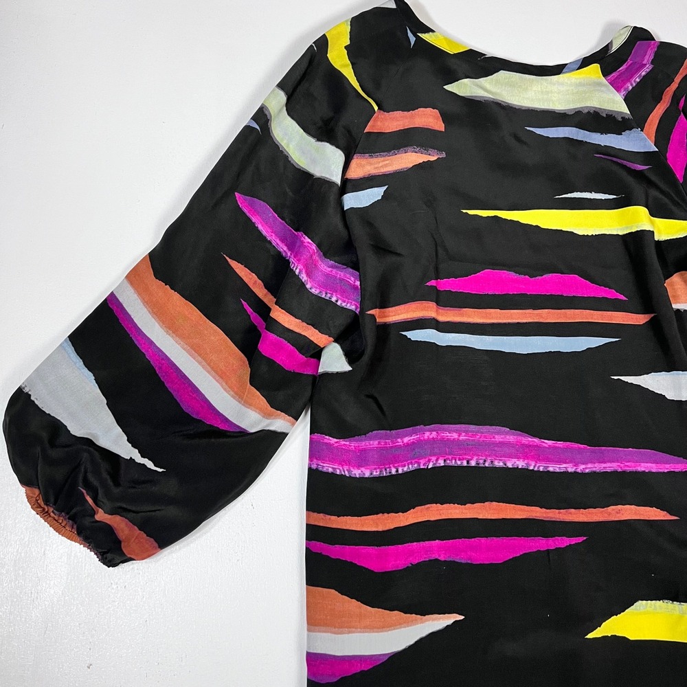 Tucker Silk Blouse M Black Multicolor Abstract Art to Wear Tie Neck - Picture 15 of 16